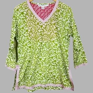 Gretchen Scott‎ Designs Abstract Print Tunic Top Sz M Lime Green Floral Boho